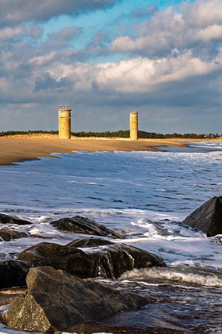 Two WWII fire control towers on the beach at Cape Henlopen State Park, the eastern terminus of the American Discovery Trail in Delaware