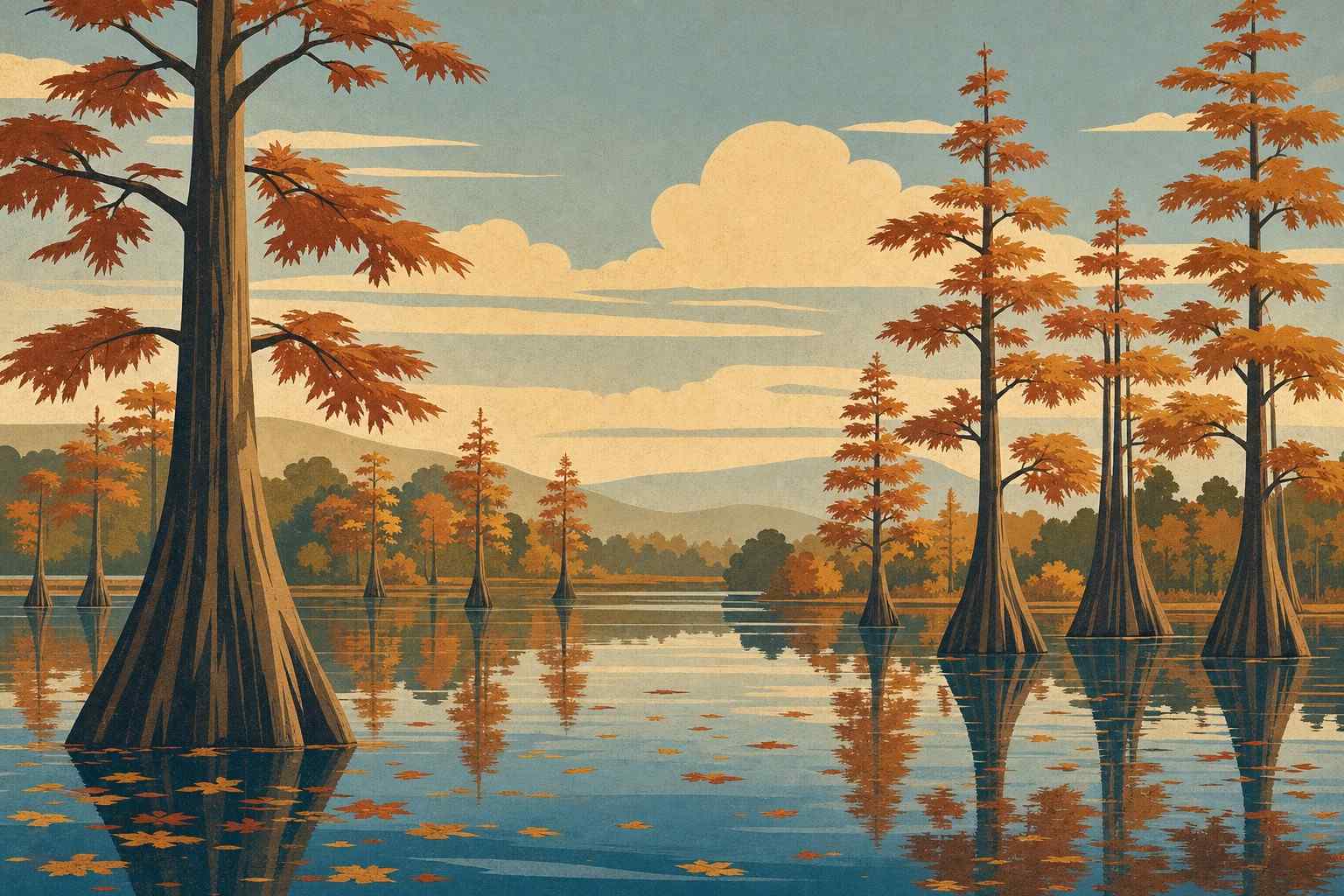 Stylized illustration of a bald cypress swamp in autumn color