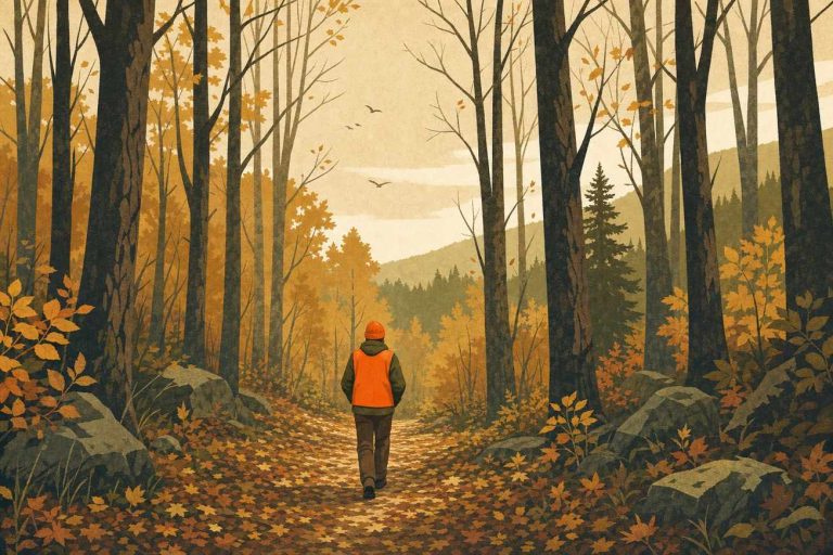 Stylized illustration of a hiker in a blaze-orange hat on an autumn woodland trail