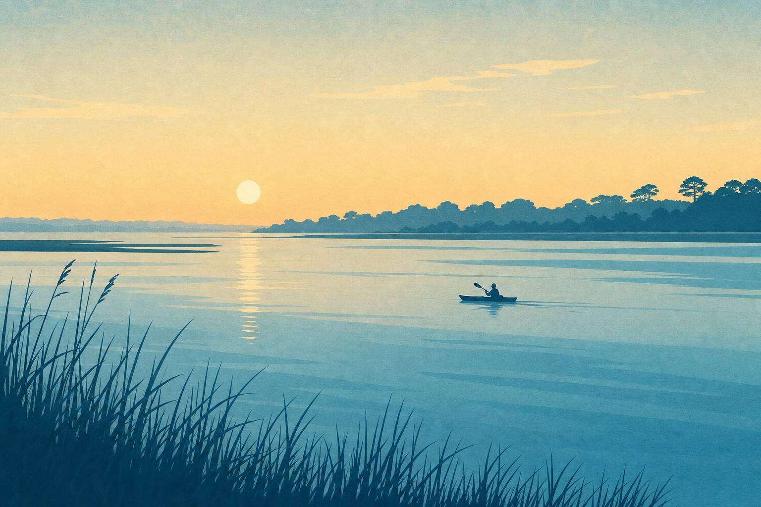 Stylized illustration of a kayaker on calm tidal water at dawn