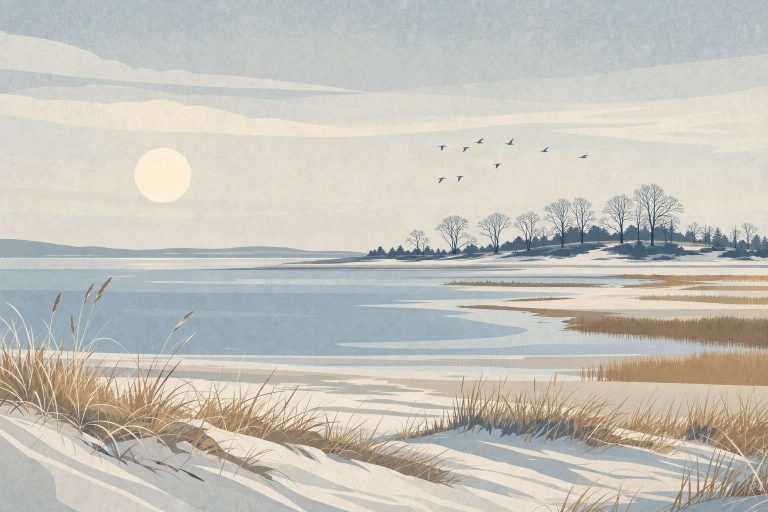 Stylized illustration of a quiet Delaware coastal marsh in winter